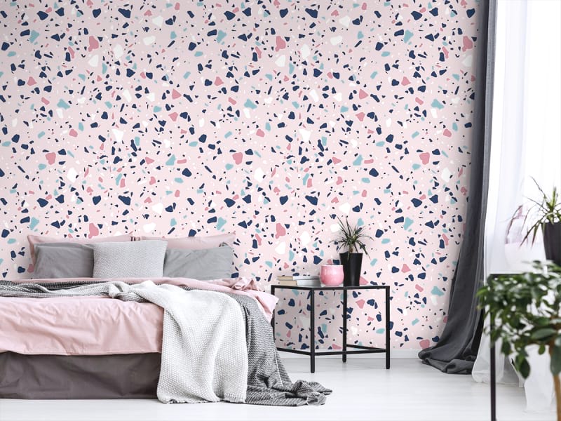 Фотообои Розовый мозаичный мрамор в интерьере спальни