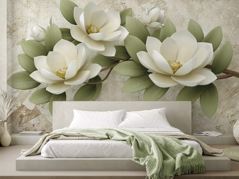 Фотошпалери Красиві білі квіти в інтер'єрі спальні