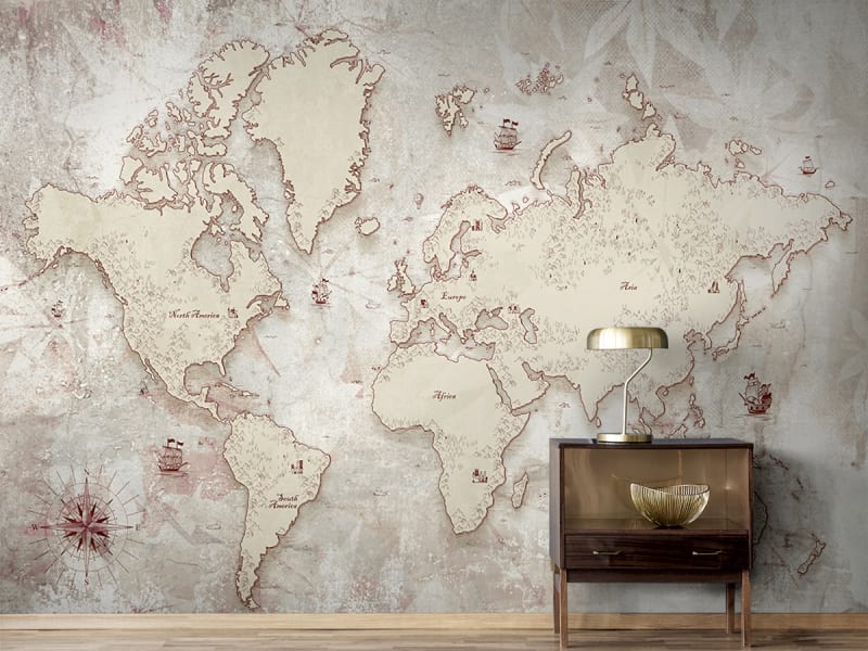 Фотообои Старинная карта мира 3Д в интерьере холла