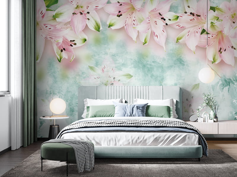 Фотошпалери Лілії зверху в інтер'єрі спальні