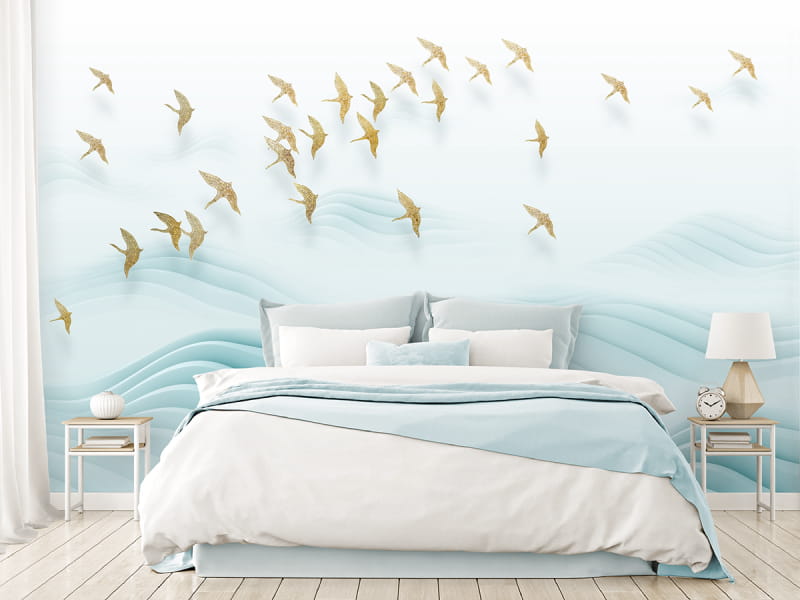 Фотообои Золотая стая птиц в интерьере спальни
