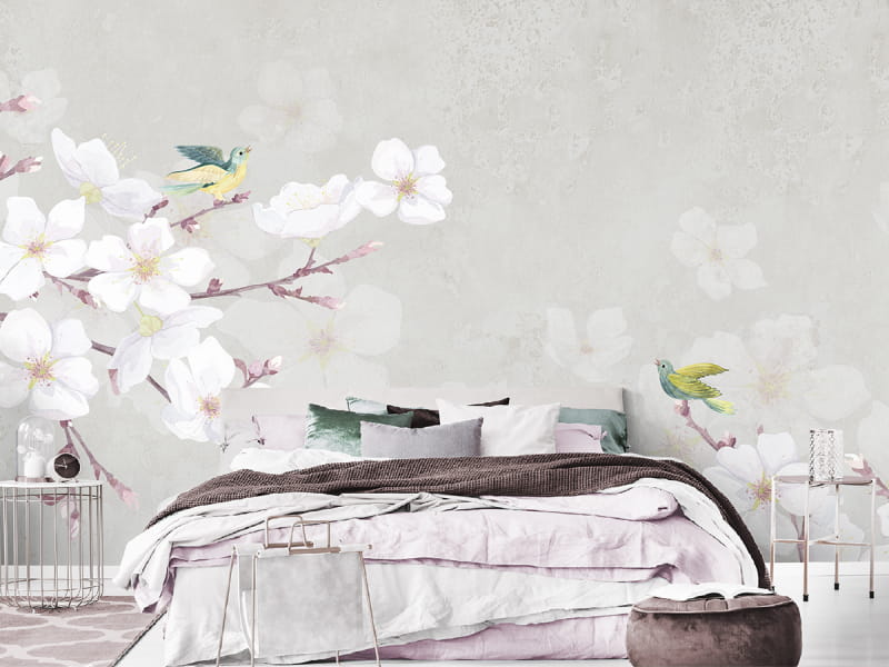 Фотообои Ветки сакуры в интерьере спальни