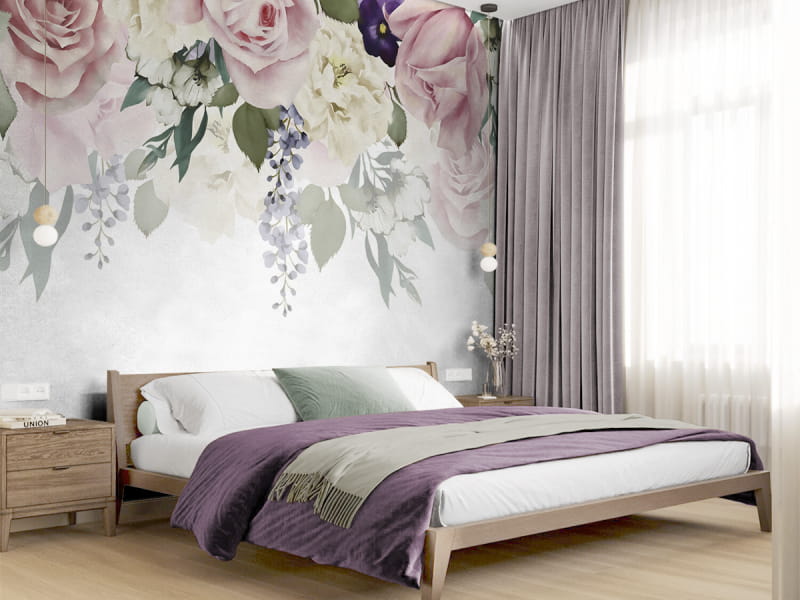 Фотообои Весенний букет роз в интерьере спальни