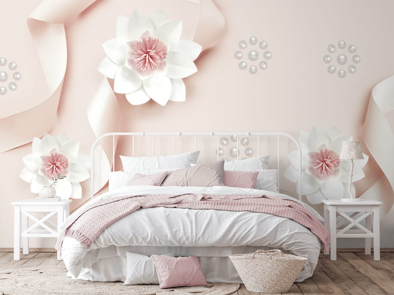 Фотообои Цветы в розовых лентах в интерьере спальни