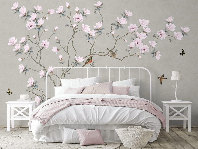 Фотообои Цветы и птицы в интерьере спальни