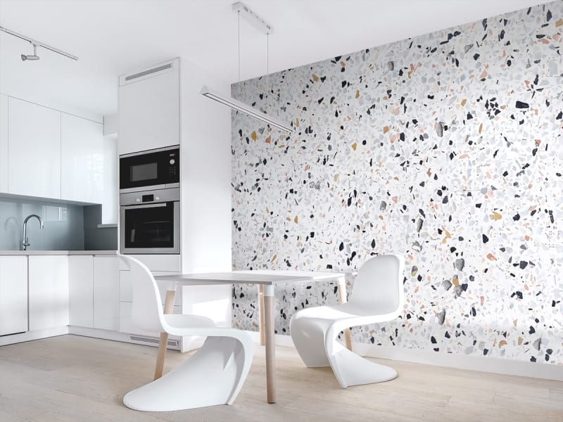 Фотообои Белый мозаичный мрамор в интерьере кухни