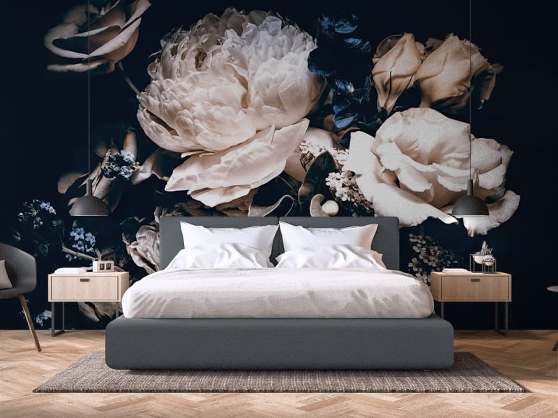 Фотошпалери 3Д півонії в інтер'єрі спальні