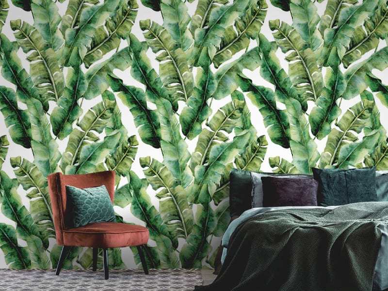 Фотошпалери Бананове листя патерн в інтер'єрі спальні
