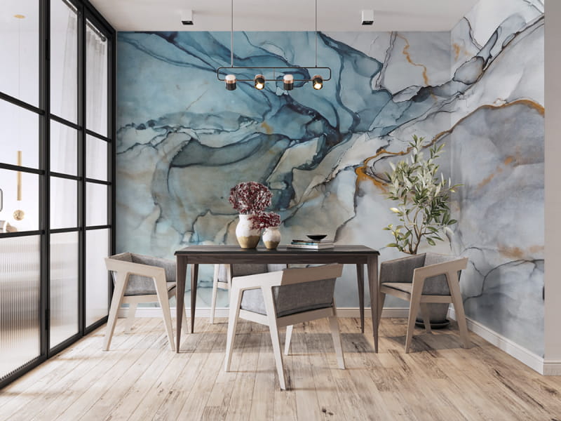 Фотообои Светло-синие чернила в интерьере кухни