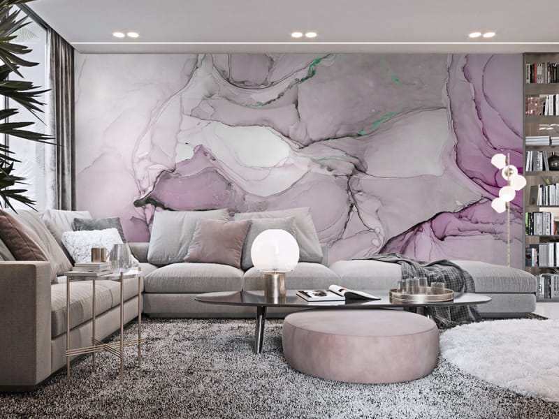 Фотообои Сиреневая акварель в интерьере гостиной