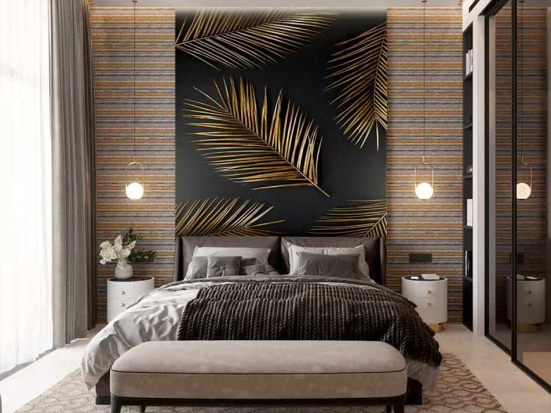 Фотообои Золотые листья пальмы в интерьере спальни