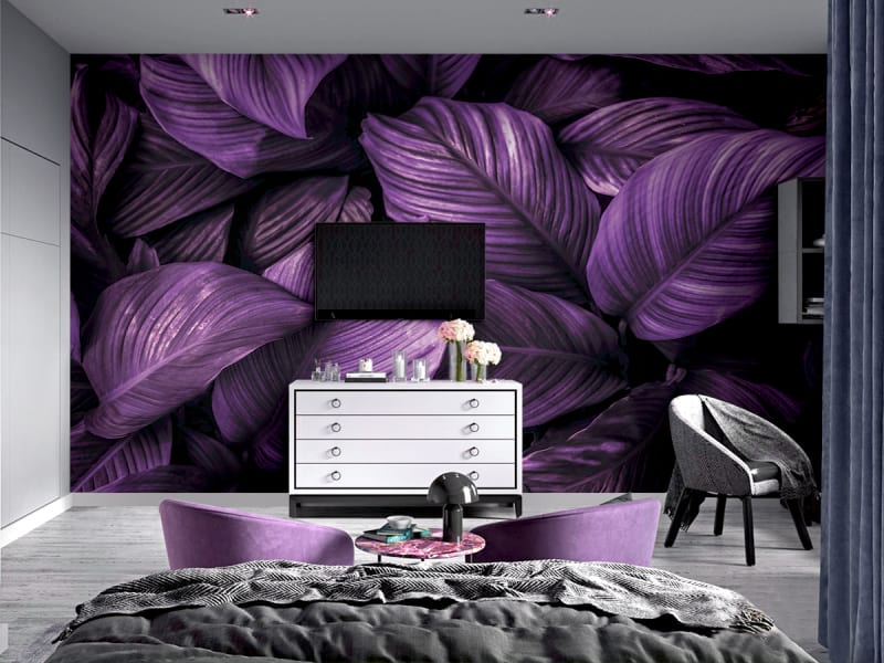 Фотошпалери Фіолетове листя в інтер'єрі спальні