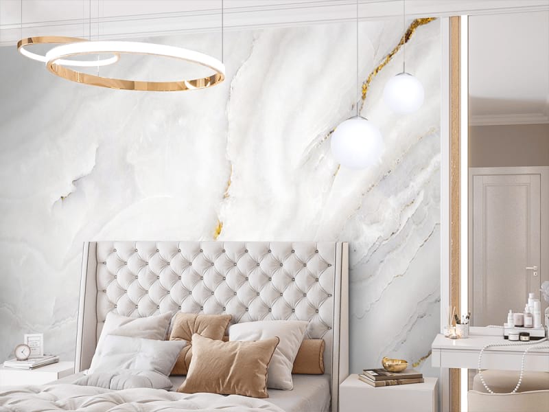 Фотообои Глянцевый белый мрамор в интерьере спальни