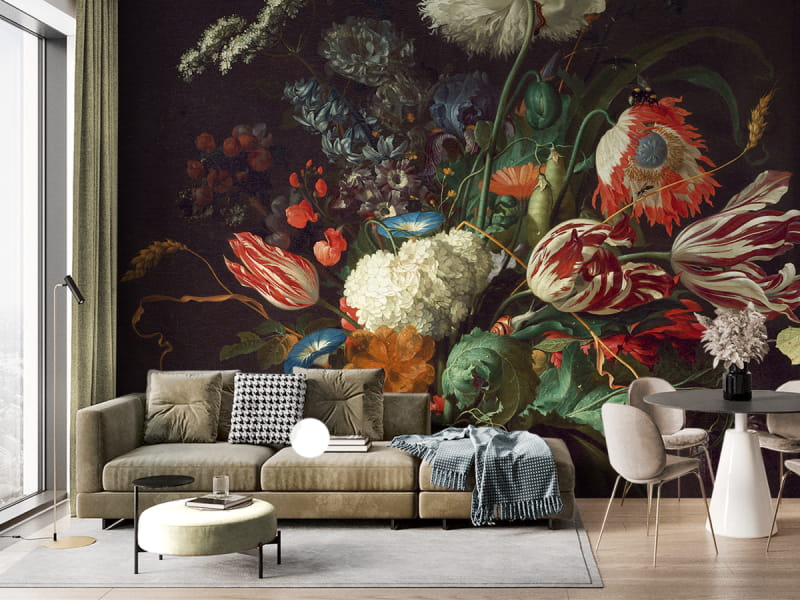 Фотошпалери Строкатий букет квітів в інтер'єрі вітальні