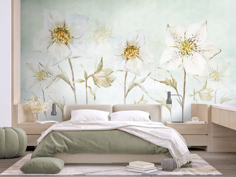 Фотообои Утренние цветы в интерьере спальни