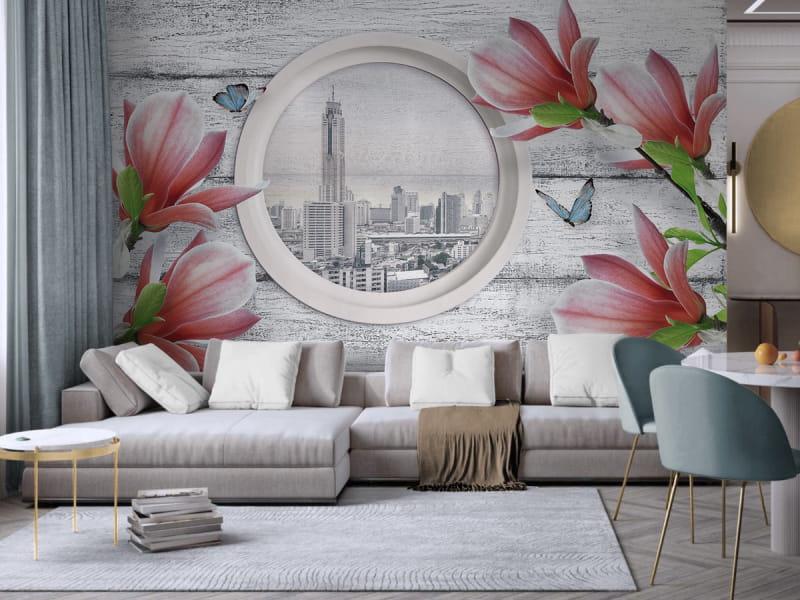 Фотошпалери Червоні магнолії в інтер'єрі вітальні