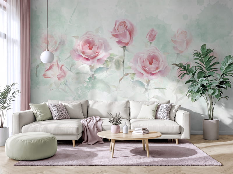 Фотообои Розы в утреннем саду в интерьере гостиной