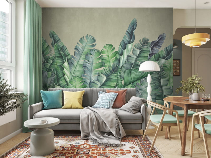 Фотообои Длинные банановые листья в интерьере гостиной