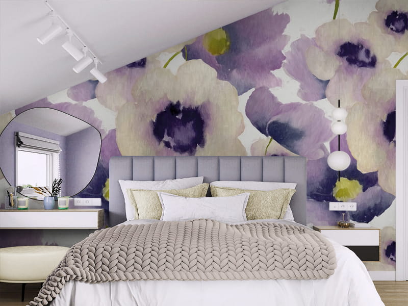 Фотошпалери Акварельний букет в інтер'єрі спальні