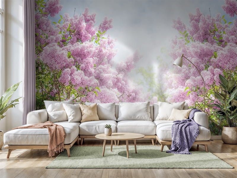 Фотообои Цветущая сирень в интерьере гостиной