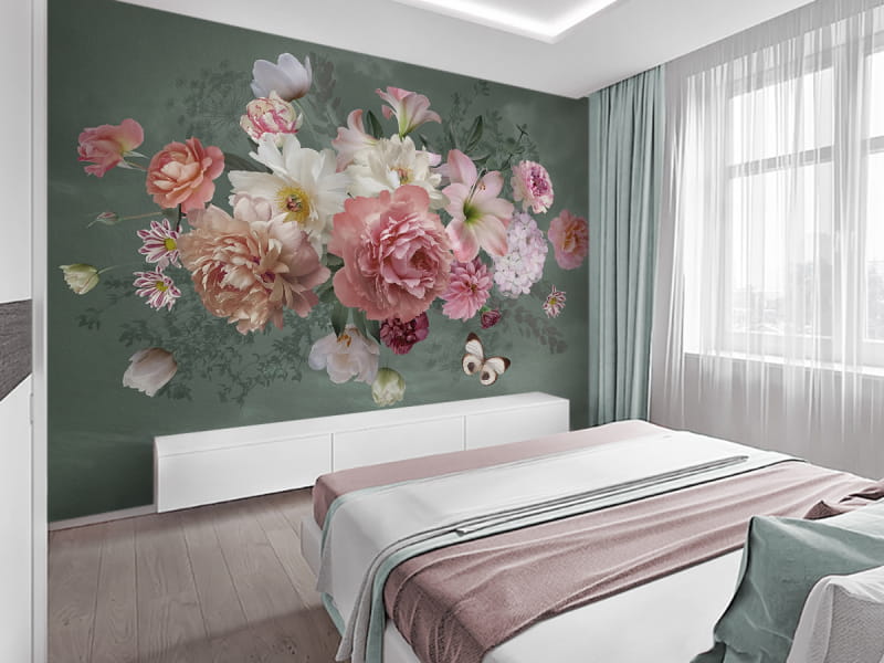 Фотошпалери Вечірній букет в інтер'єрі спальні