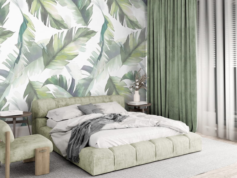 Фотообои Нежная листва в интерьере спальни