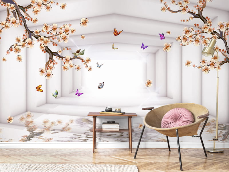 Фотообои Тоннель с цветущим деревом 3Д в интерьере холла