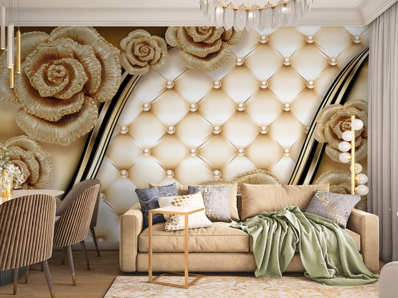 Фотошпалери Троянди та перли 3Д в інтер'єрі вітальні