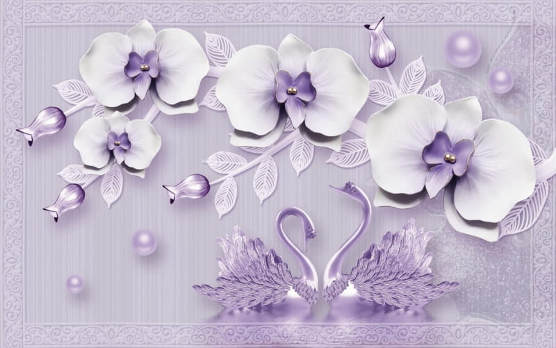 Фотообои Пурпурные орхидеи и лебеди