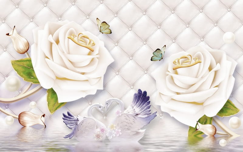 Фотообои Розы с лебедями 3Д