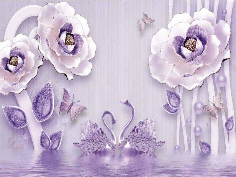 Фотообои Пурпурные цветы с лебедями 3Д
