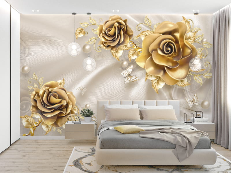 Фотошпалери Шикарні золоті троянди 3Д в інтер'єрі спальні