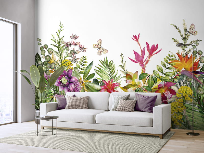 Фотошпалери Строкатий сад квітів в інтер'єрі вітальні