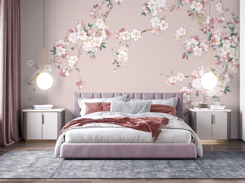 Фотообои Романтичное цветение в интерьере спальни