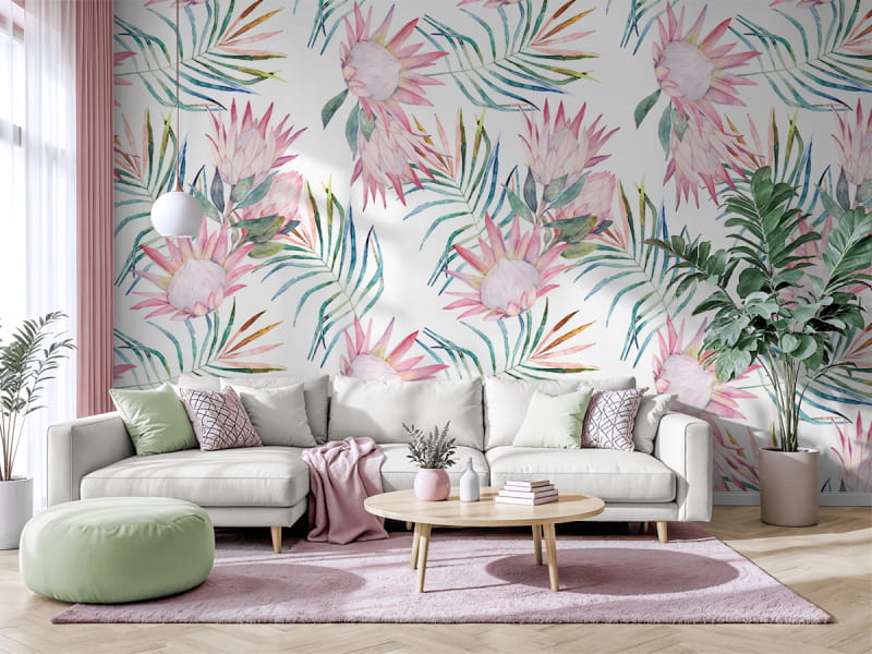 Фотообои Тропические утренние цветы в интерьере гостиной