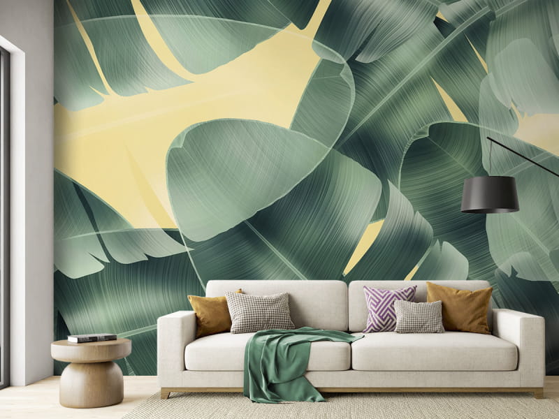 Фотошпалери Листя на жовтому фоні в інтер'єрі вітальні