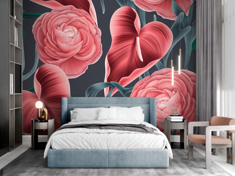 Фотообои Живописные розовые пионы в интерьере спальни