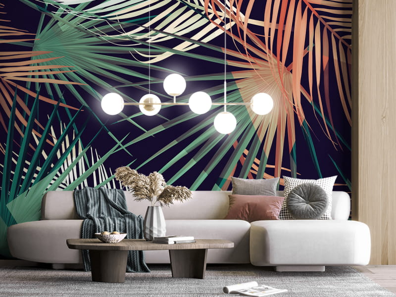 Фотошпалери Яскраве тропічне листя в інтер'єрі вітальні