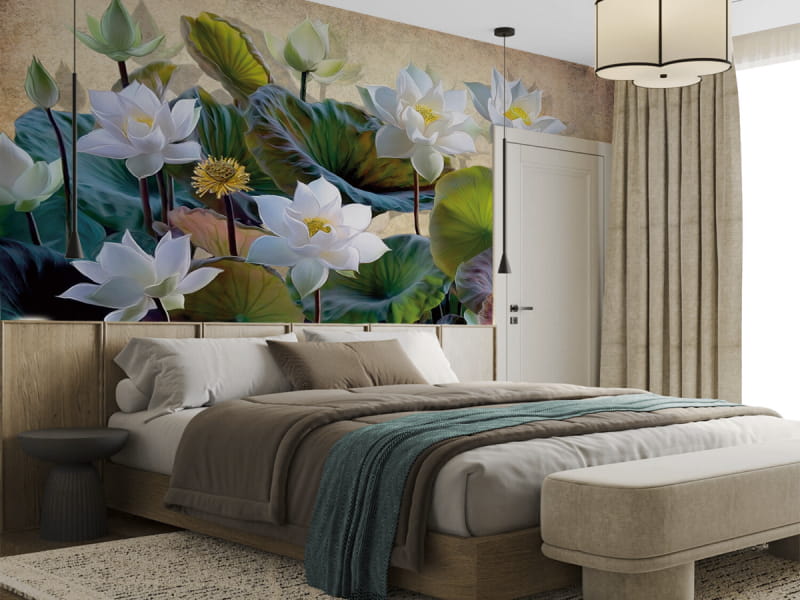 Фотообои Цветение лотоса в интерьере спальни