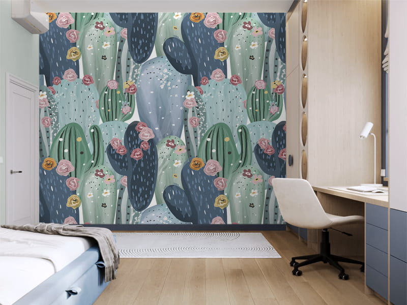 Фотообои Цветущие кактусы в интерьере подростковой