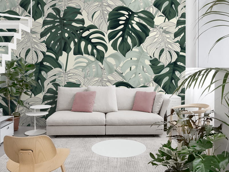Фотошпалери Ніжне листя монстери в інтер'єрі вітальні