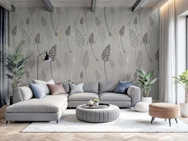 Фотообои Серебристые цветы в интерьере гостиной
