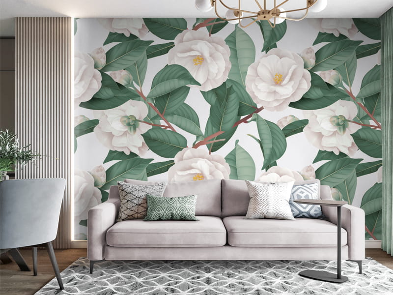Фотообои Белые цветы в интерьере гостиной
