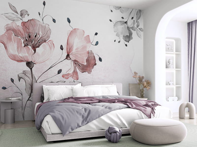 Фотообои Цветы акварель в интерьере спальни
