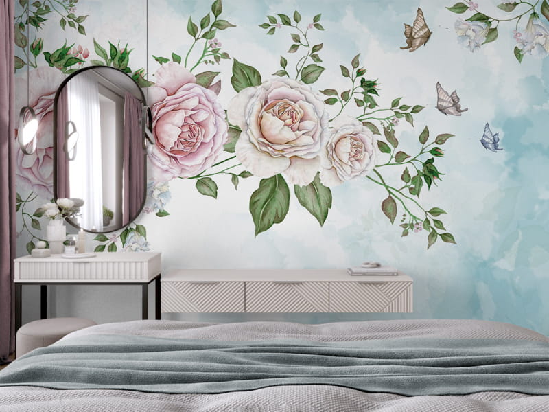 Фотообои Нежное цветение роз в интерьере спальни