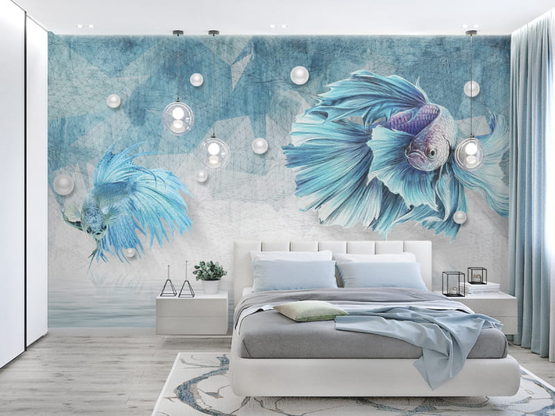 Фотообои Величественные рыбы 3Д в интерьере спальни