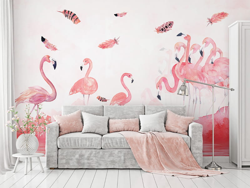 Фотообои Величественные фламинго в интерьере гостиной