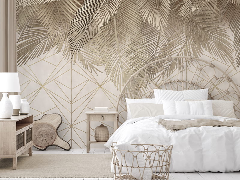 Фотообои Бронзовые листья пальмы в интерьере спальни