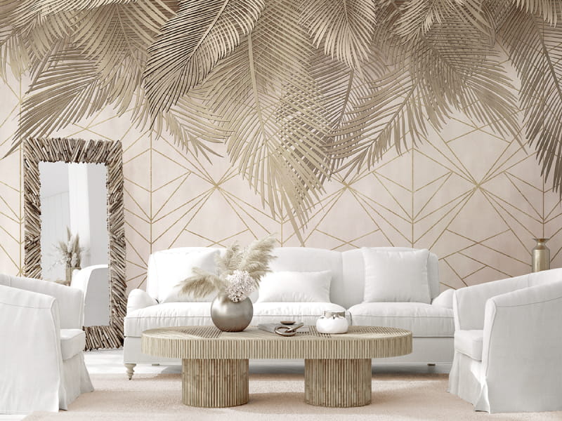Фотообои Бронзовые листья пальмы в интерьере гостиной