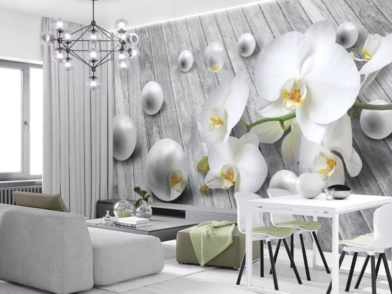 Фотообои Орхидея и жемчуг 3Д в интерьере гостиной